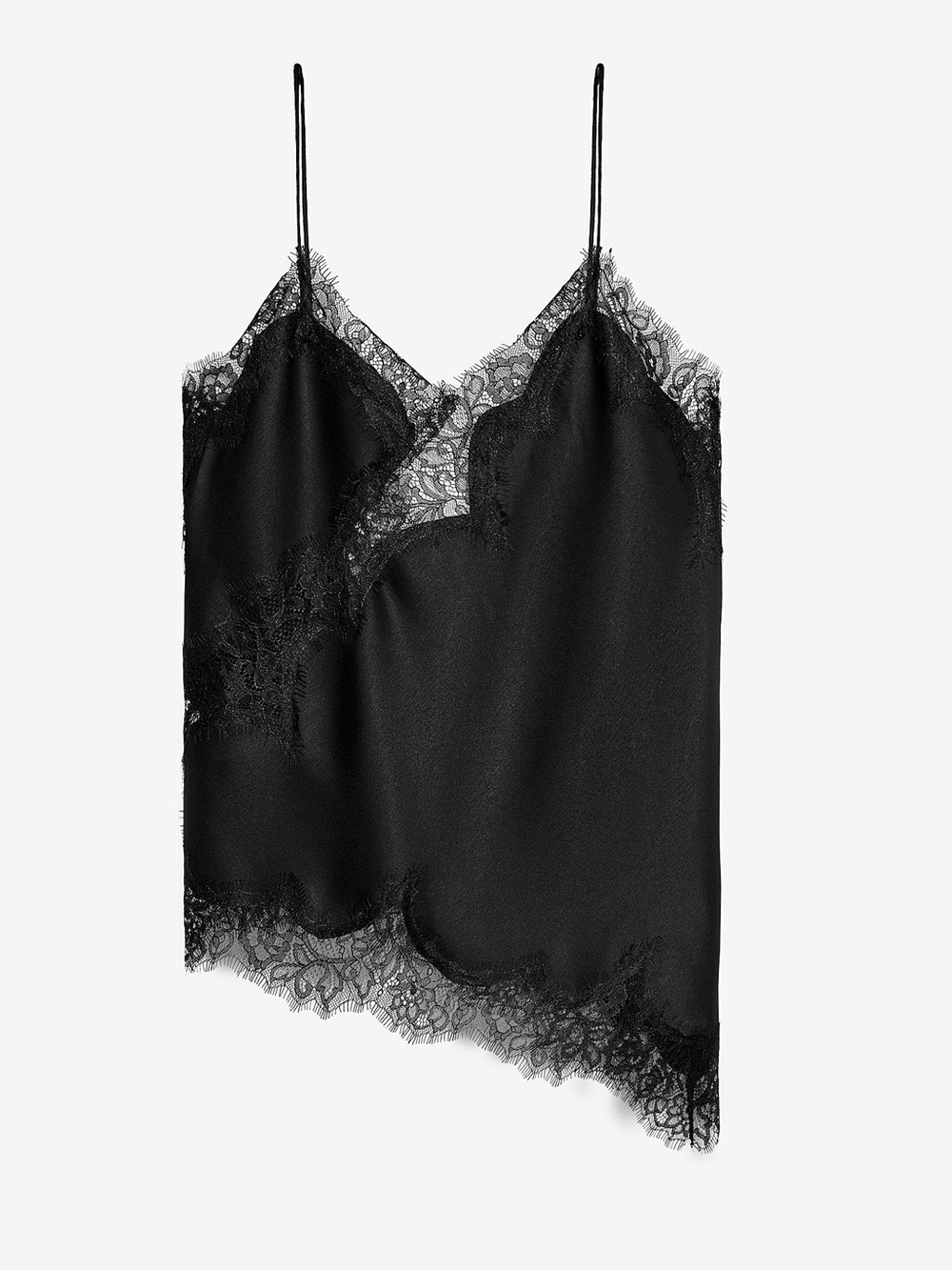 Zara Black Satin Asymmetrical Lace-Trim Cami Slip